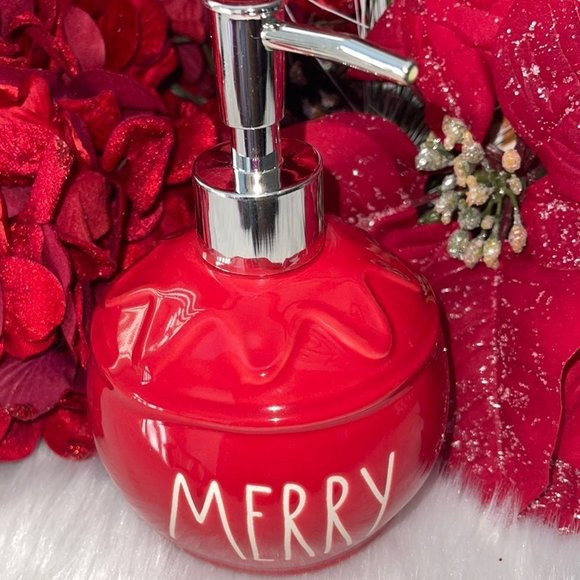 Brand NEW Rae Dunn Christmas RED Ceramic MERRY Ornament Soap Pump Dispenser - Picture 5 of 8